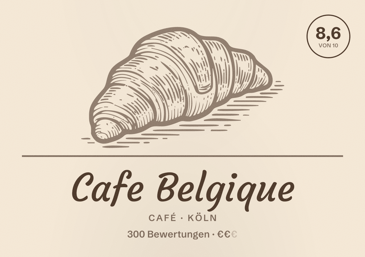 Illustriertes Poster von Cafe Belgique, Café in Köln: Bewertung 8,6 von 10 aus 300 Bewertungen, Preisniveau €€