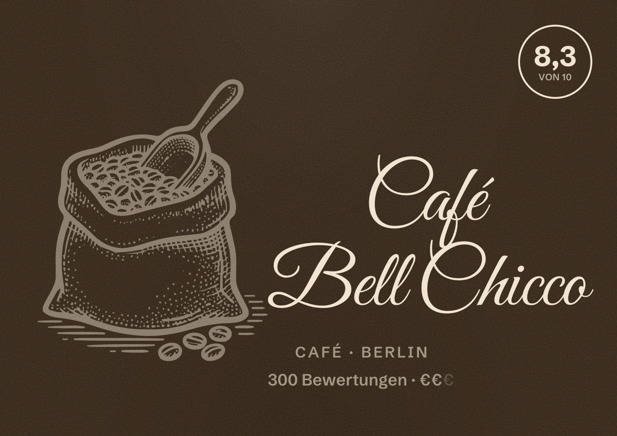 Illustriertes Poster von Café Bell Chicco, Café in Berlin: Bewertung 8,3 von 10 aus 300 Bewertungen, Preisniveau €€