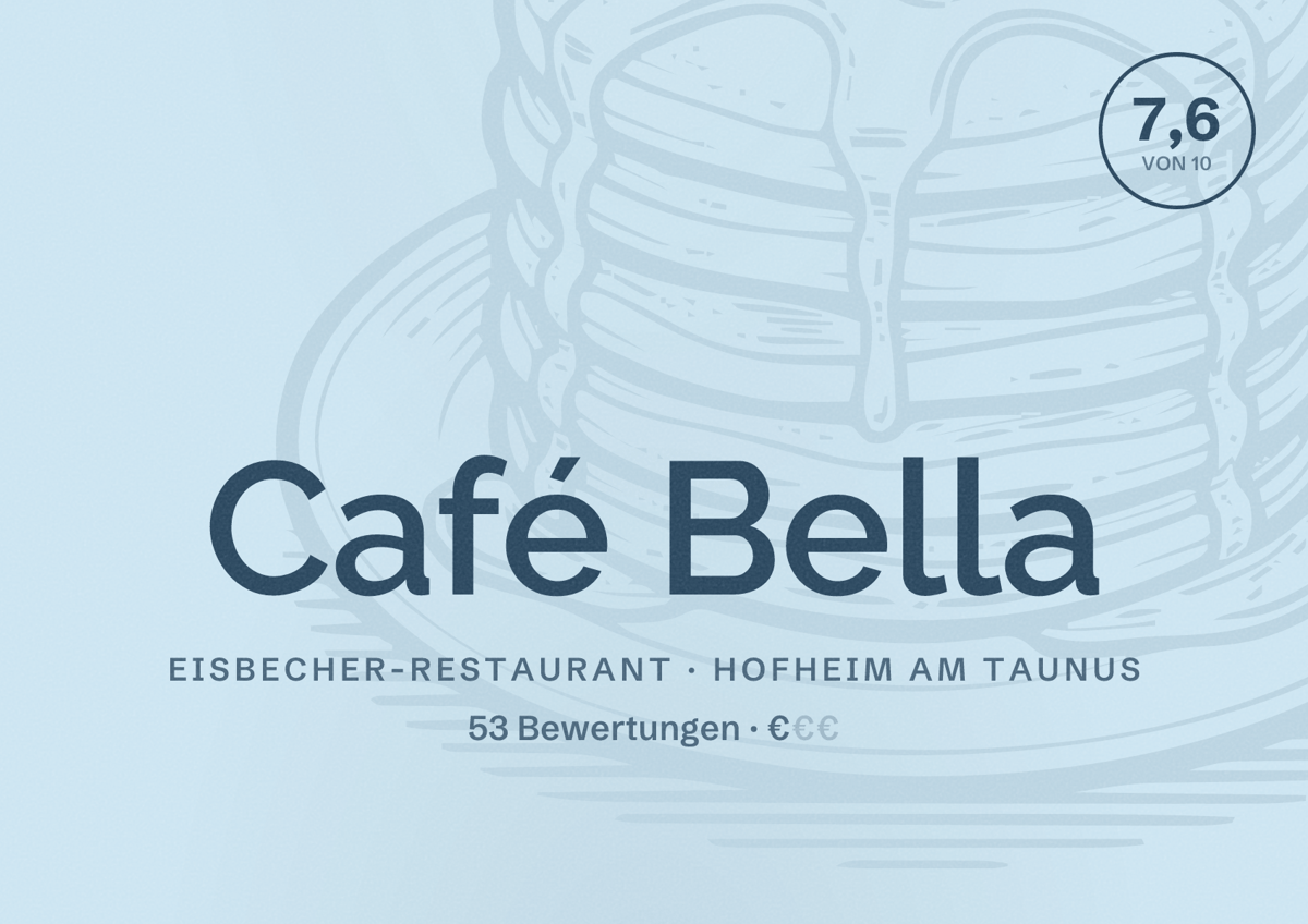 Illustriertes Poster von Café Bella, Eisbecher-Restaurant in Hofheim am Taunus: Bewertung 7,6 von 10 aus 53 Bewertungen, Preisniveau €
