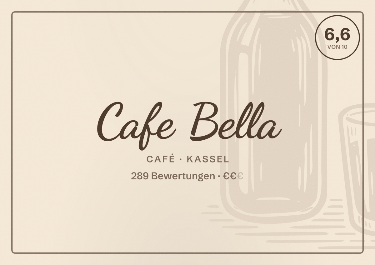 Illustriertes Poster von Cafe Bella, Café in Kassel: Bewertung 6,6 von 10 aus 289 Bewertungen, Preisniveau €€