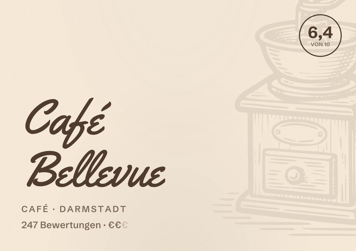 Illustriertes Poster von Café Bellevue, Café in Darmstadt: Bewertung 6,4 von 10 aus 247 Bewertungen, Preisniveau €€