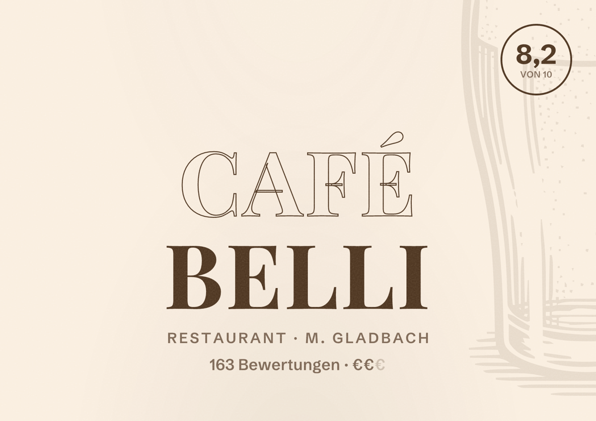 Illustriertes Poster von Café Belli, Restaurant in M. Gladbach: Bewertung 8,2 von 10 aus 163 Bewertungen, Preisniveau €€