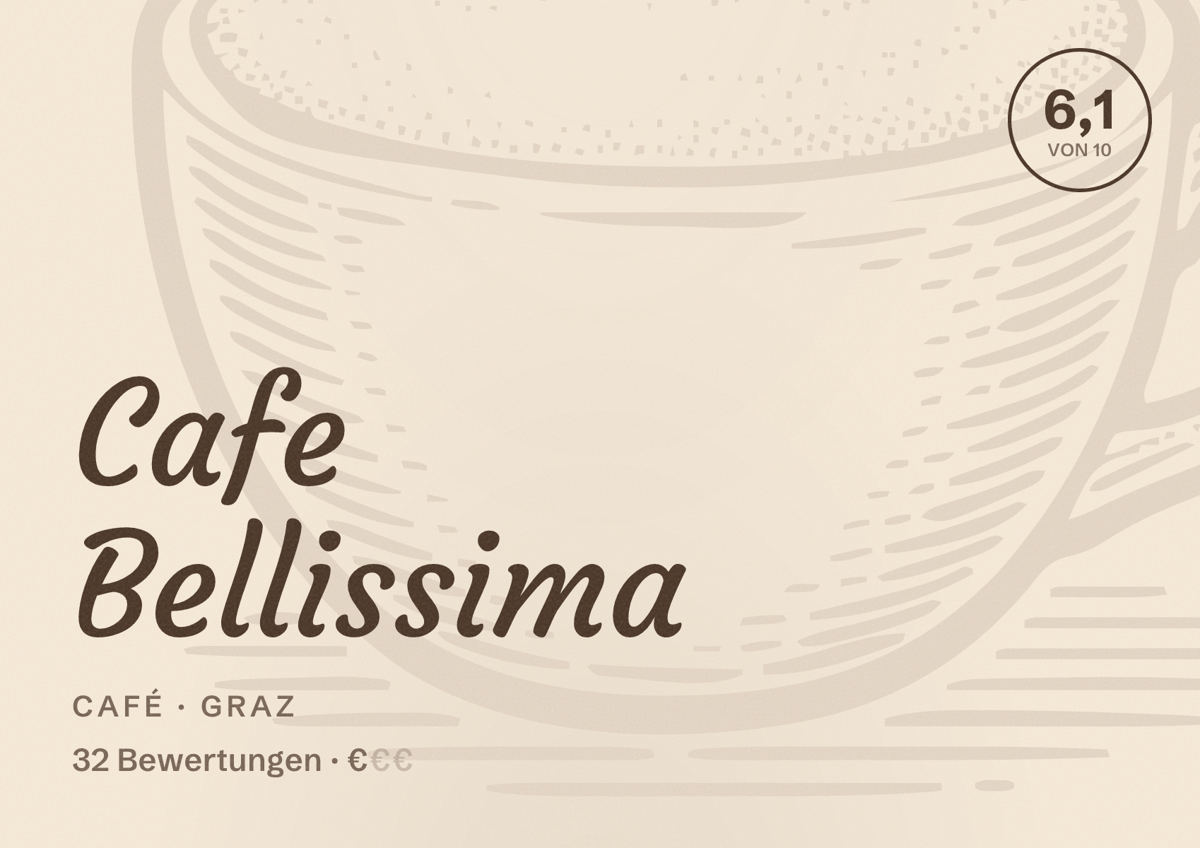 Illustriertes Poster von Cafe Bellissima, Café in Graz: Bewertung 6,1 von 10 aus 32 Bewertungen, Preisniveau €