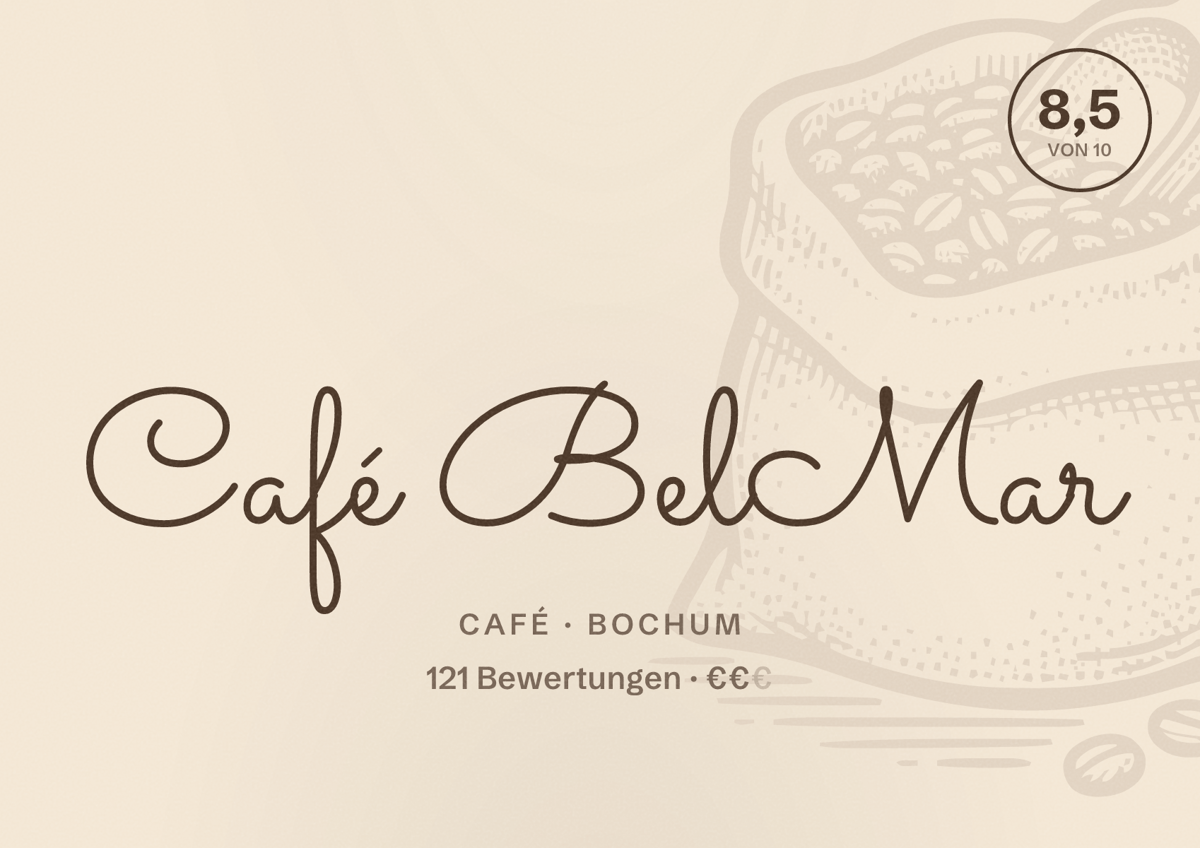 Illustriertes Poster von Café BelMar, Café in Bochum: Bewertung 8,5 von 10 aus 121 Bewertungen, Preisniveau €€