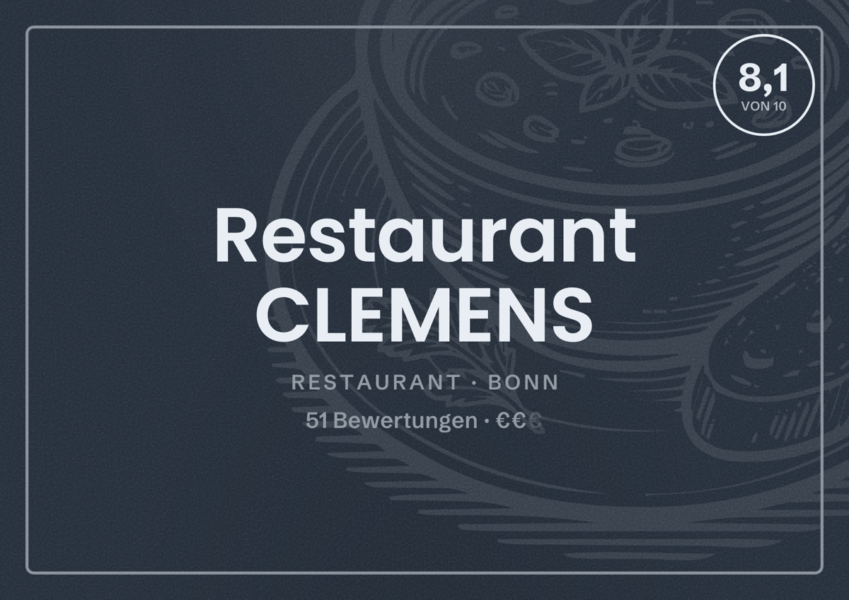 Illustriertes Poster von Restaurant CLEMENS, Restaurant in Bonn: Bewertung 8,1 von 10 aus 51 Bewertungen, Preisniveau €€