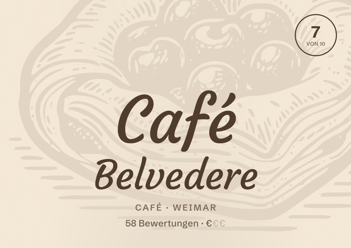 Illustriertes Poster von Café Belvedere, Café in Weimar: Bewertung 7 von 10 aus 58 Bewertungen, Preisniveau €