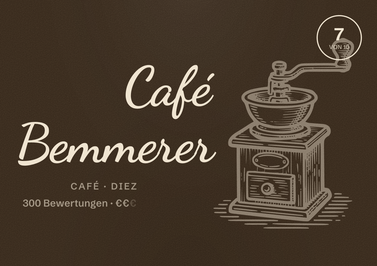 Illustriertes Poster von Café Bemmerer, Café in Diez: Bewertung 7 von 10 aus 300 Bewertungen, Preisniveau €€