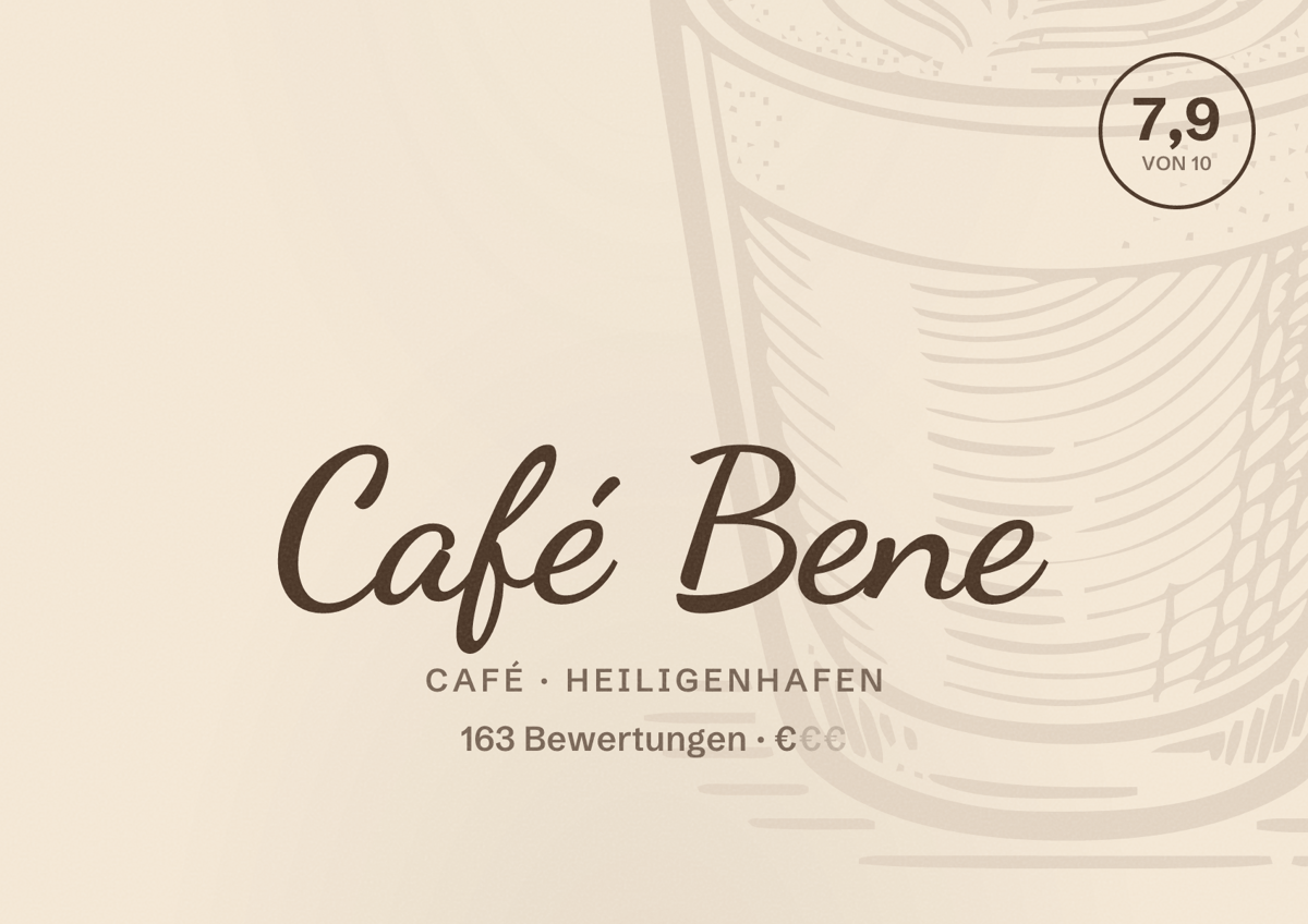 Illustriertes Poster von Café Bene, Café in Heiligenhafen: Bewertung 7,9 von 10 aus 163 Bewertungen, Preisniveau €