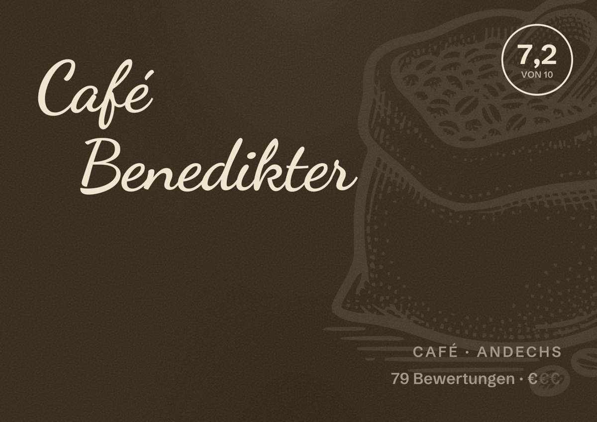 Illustriertes Poster von Café Benedikter, Café in Andechs: Bewertung 7,2 von 10 aus 79 Bewertungen, Preisniveau €