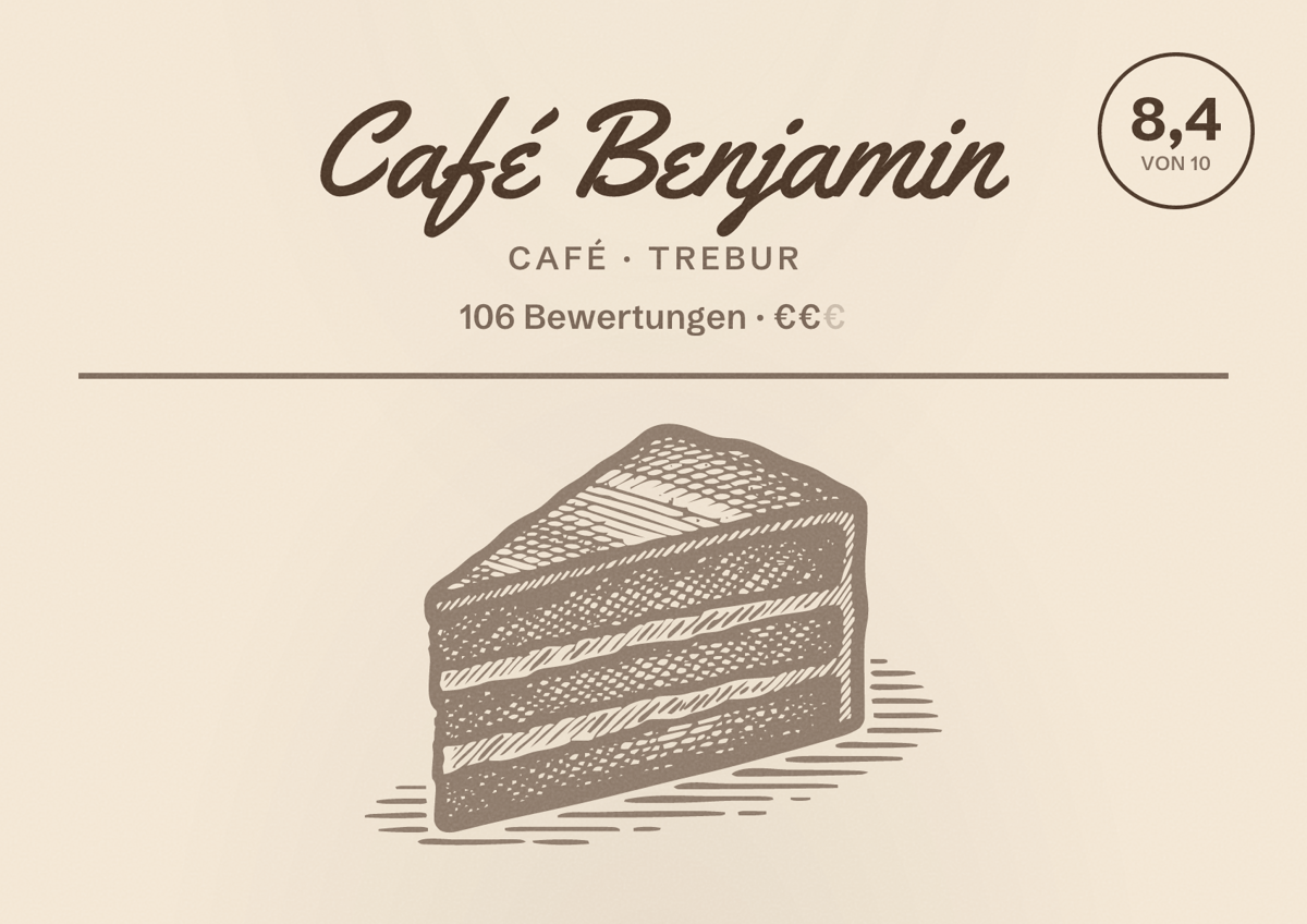 Illustriertes Poster von Café Benjamin, Café in Trebur: Bewertung 8,4 von 10 aus 106 Bewertungen, Preisniveau €€