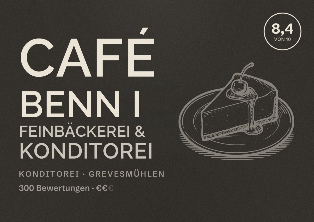 Illustriertes Poster von Café Benn I Feinbäckerei & Konditorei, Konditorei in Grevesmühlen: Bewertung 8,4 von 10 aus 300 Bewertungen, Preisniveau €€