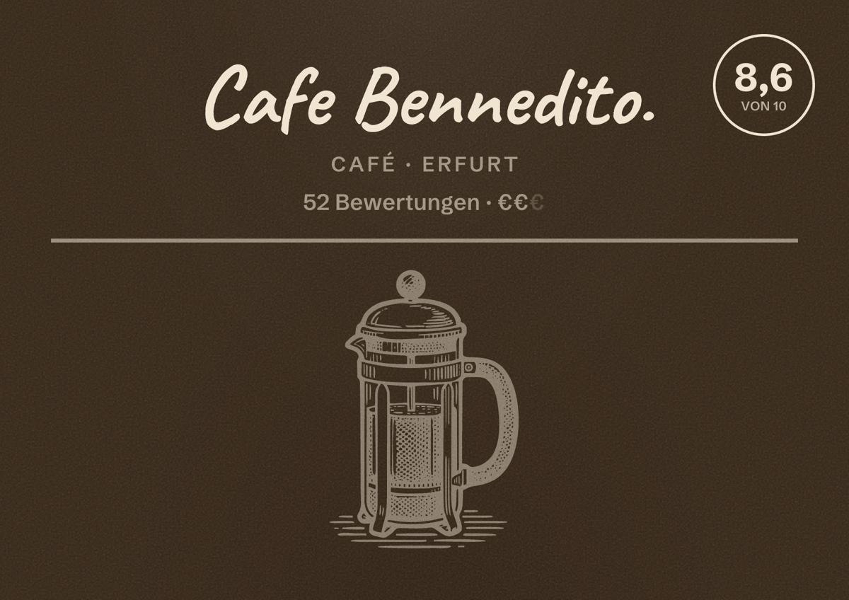 Illustriertes Poster von Cafe Bennedito., Café in Erfurt: Bewertung 8,6 von 10 aus 52 Bewertungen, Preisniveau €€