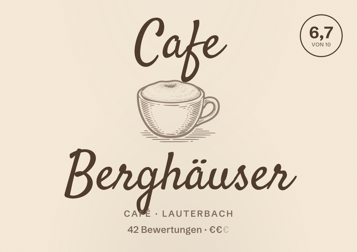 Illustriertes Poster von Cafe Berghäuser, Café in Lauterbach: Bewertung 6,7 von 10 aus 42 Bewertungen, Preisniveau €€