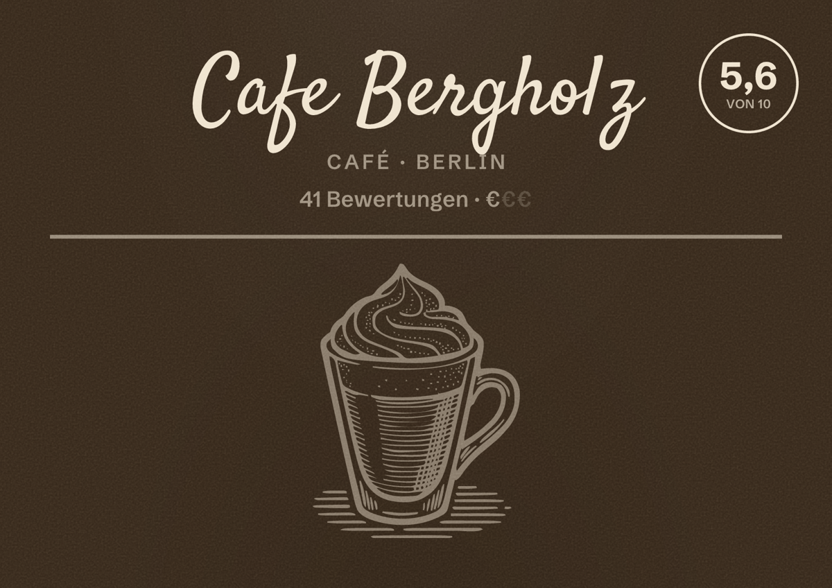Illustriertes Poster von Cafe Bergholz, Café in Berlin: Bewertung 5,6 von 10 aus 41 Bewertungen, Preisniveau €