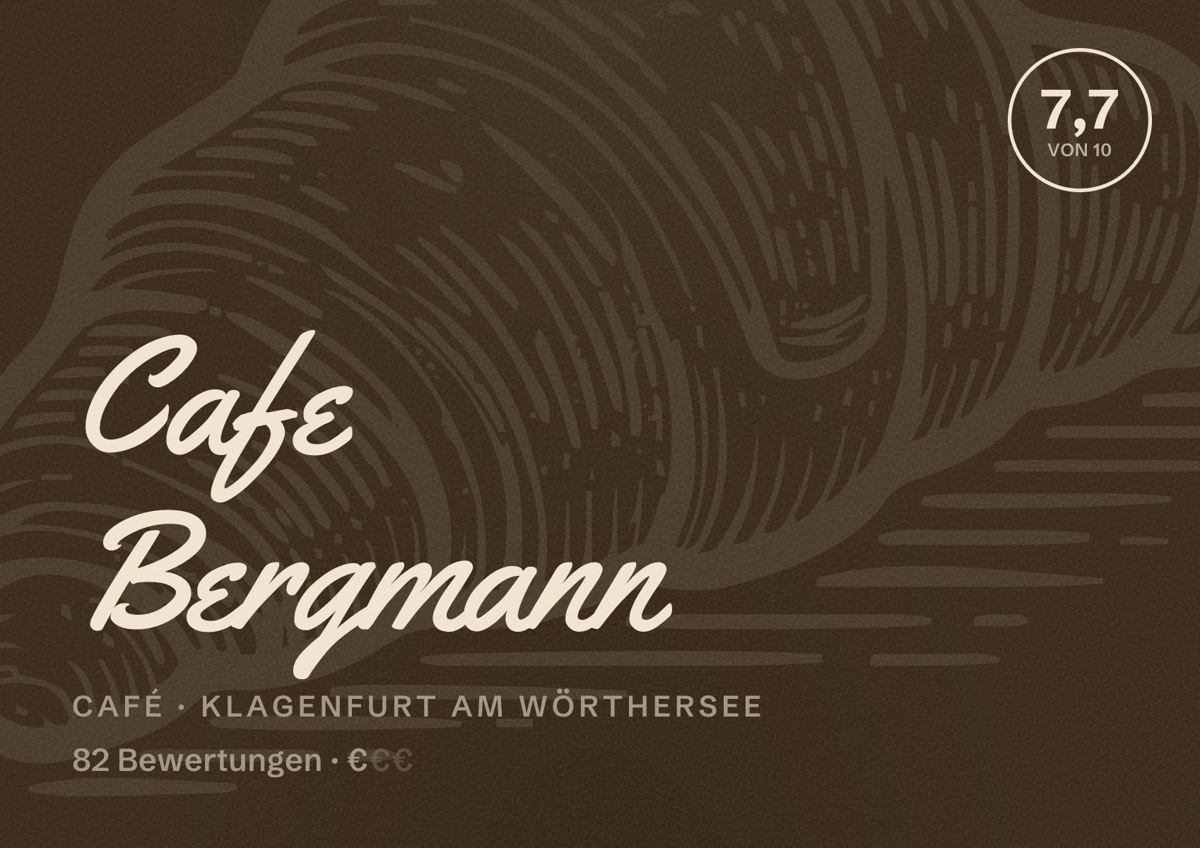 Illustriertes Poster von Cafe Bergmann, Café in Klagenfurt am Wörthersee: Bewertung 7,7 von 10 aus 82 Bewertungen, Preisniveau €