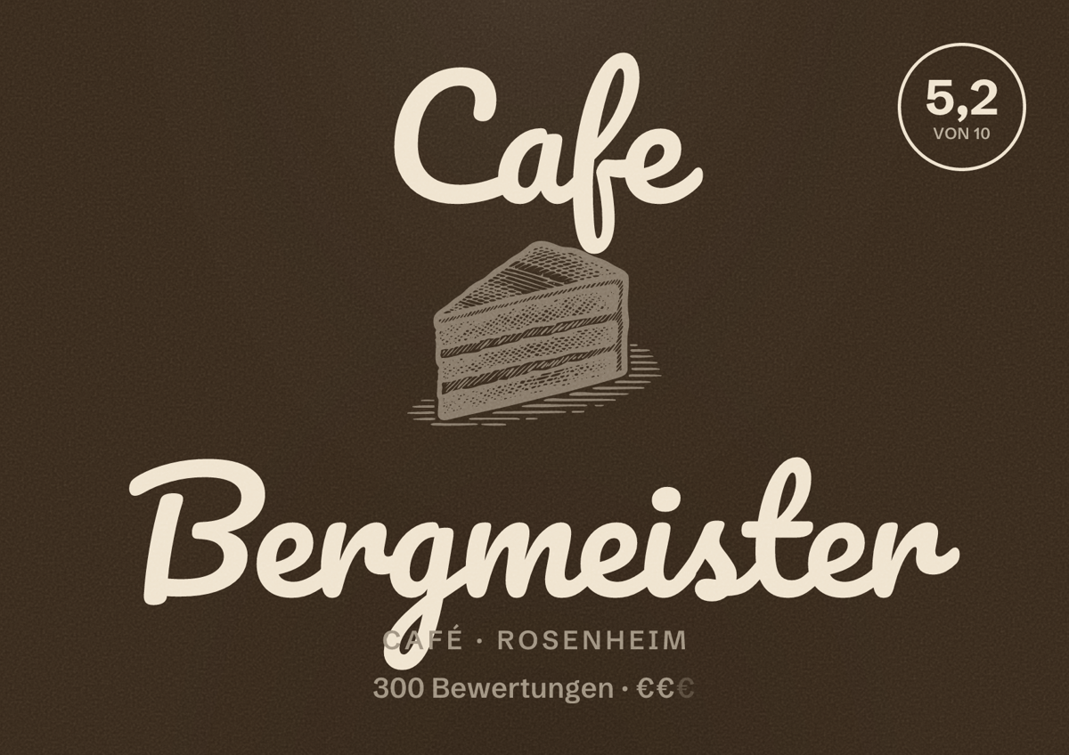 Illustriertes Poster von Cafe Bergmeister, Café in Rosenheim: Bewertung 5,2 von 10 aus 300 Bewertungen, Preisniveau €€