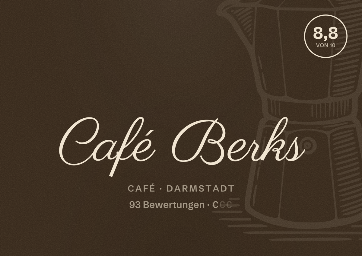 Illustriertes Poster von Café Berks, Café in Darmstadt: Bewertung 8,8 von 10 aus 93 Bewertungen, Preisniveau €