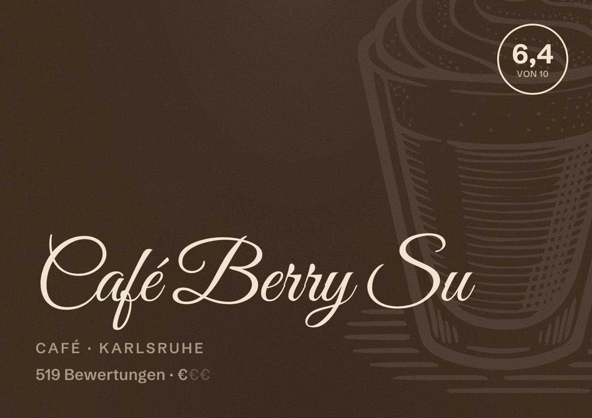 Illustriertes Poster von Café Berry Su, Café in Karlsruhe: Bewertung 6,4 von 10 aus 519 Bewertungen, Preisniveau €
