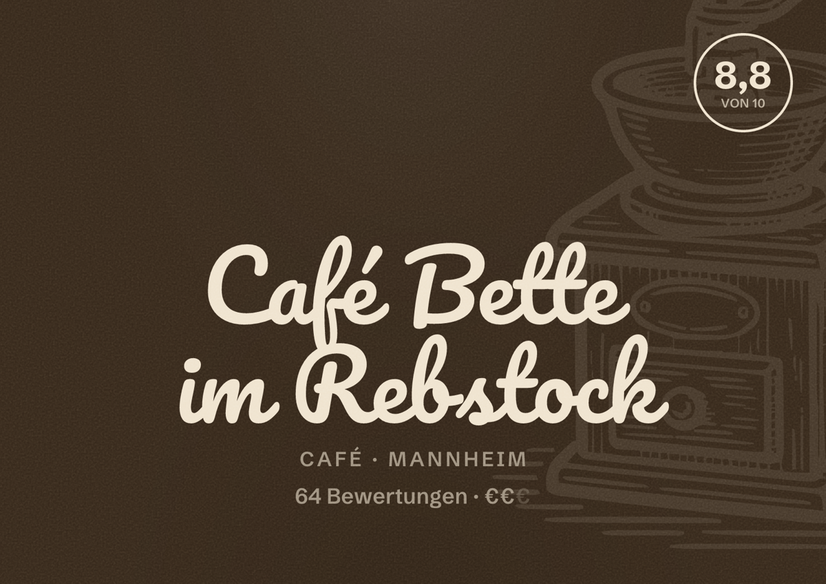 Illustriertes Poster von Café Bette im Rebstock, Café in Mannheim: Bewertung 8,8 von 10 aus 64 Bewertungen, Preisniveau €€