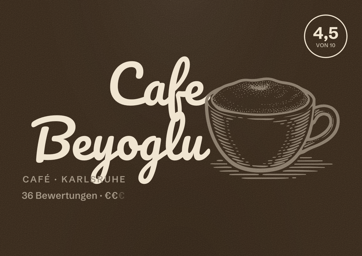 Illustriertes Poster von Cafe Beyoglu, Café in Karlsruhe: Bewertung 4,5 von 10 aus 36 Bewertungen, Preisniveau €€