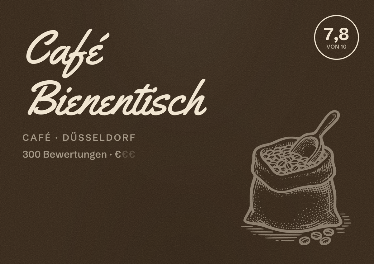 Illustriertes Poster von Café Bienentisch, Café in Düsseldorf: Bewertung 7,8 von 10 aus 300 Bewertungen, Preisniveau €