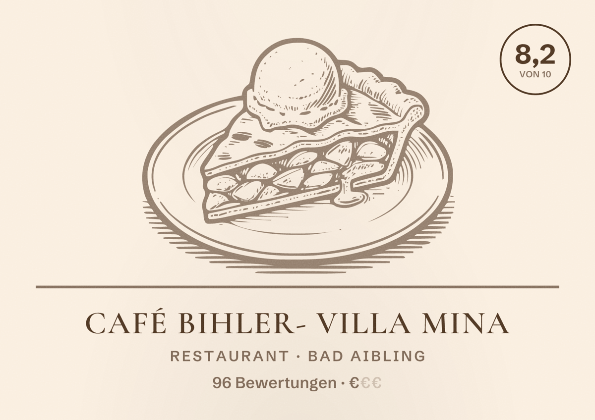 Illustriertes Poster von Café Bihler- Villa Mina, Restaurant in Bad Aibling: Bewertung 8,2 von 10 aus 96 Bewertungen, Preisniveau €