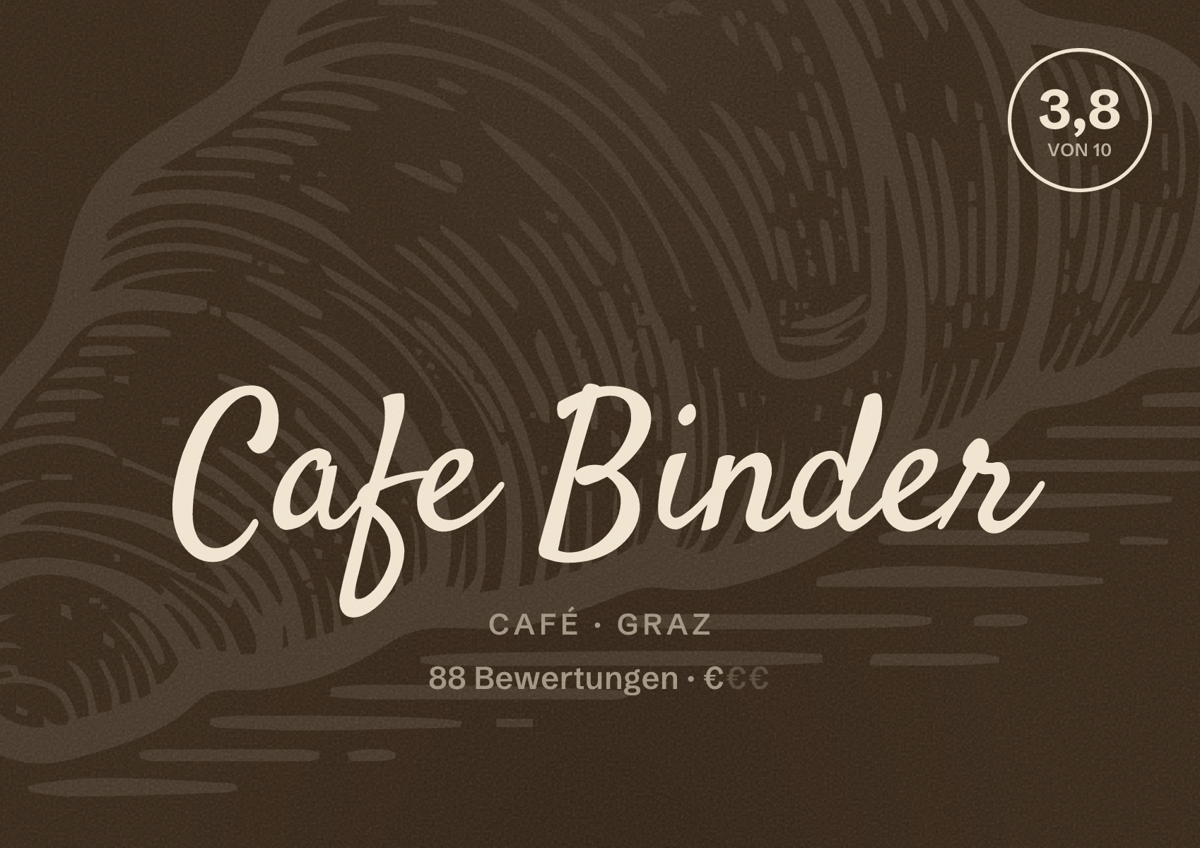Illustriertes Poster von Cafe Binder, Café in Graz: Bewertung 3,8 von 10 aus 88 Bewertungen, Preisniveau €