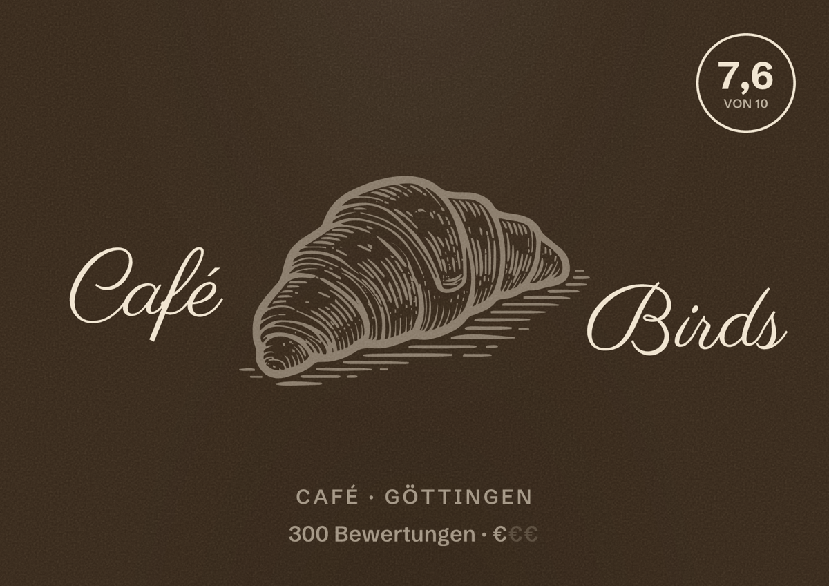 Illustriertes Poster von Café Birds, Café in Göttingen: Bewertung 7,6 von 10 aus 300 Bewertungen, Preisniveau €