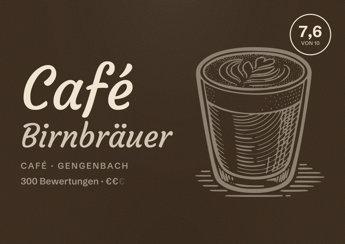 Illustriertes Poster von Café Birnbräuer, Café in Gengenbach: Bewertung 7,6 von 10 aus 300 Bewertungen, Preisniveau €€