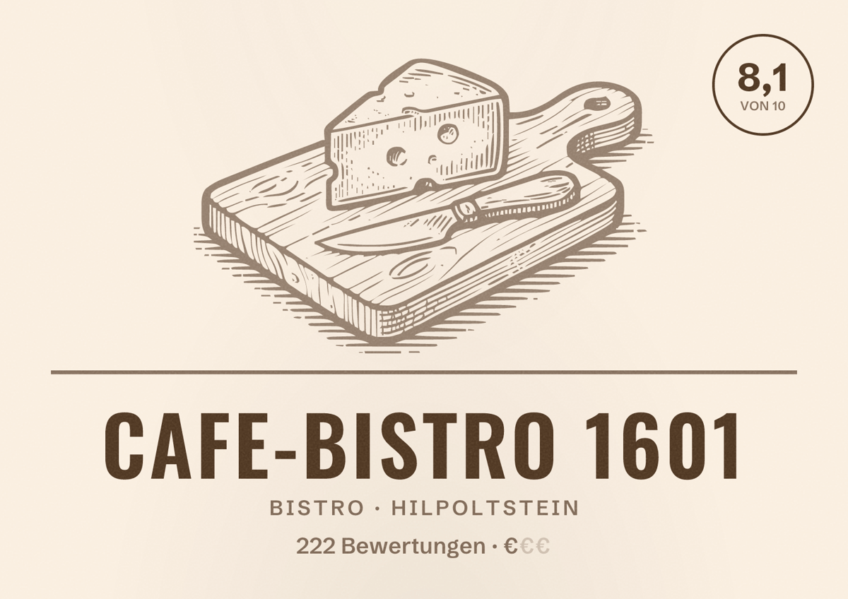 Illustriertes Poster von Cafe-Bistro 1601, Bistro in Hilpoltstein: Bewertung 8,1 von 10 aus 222 Bewertungen, Preisniveau €