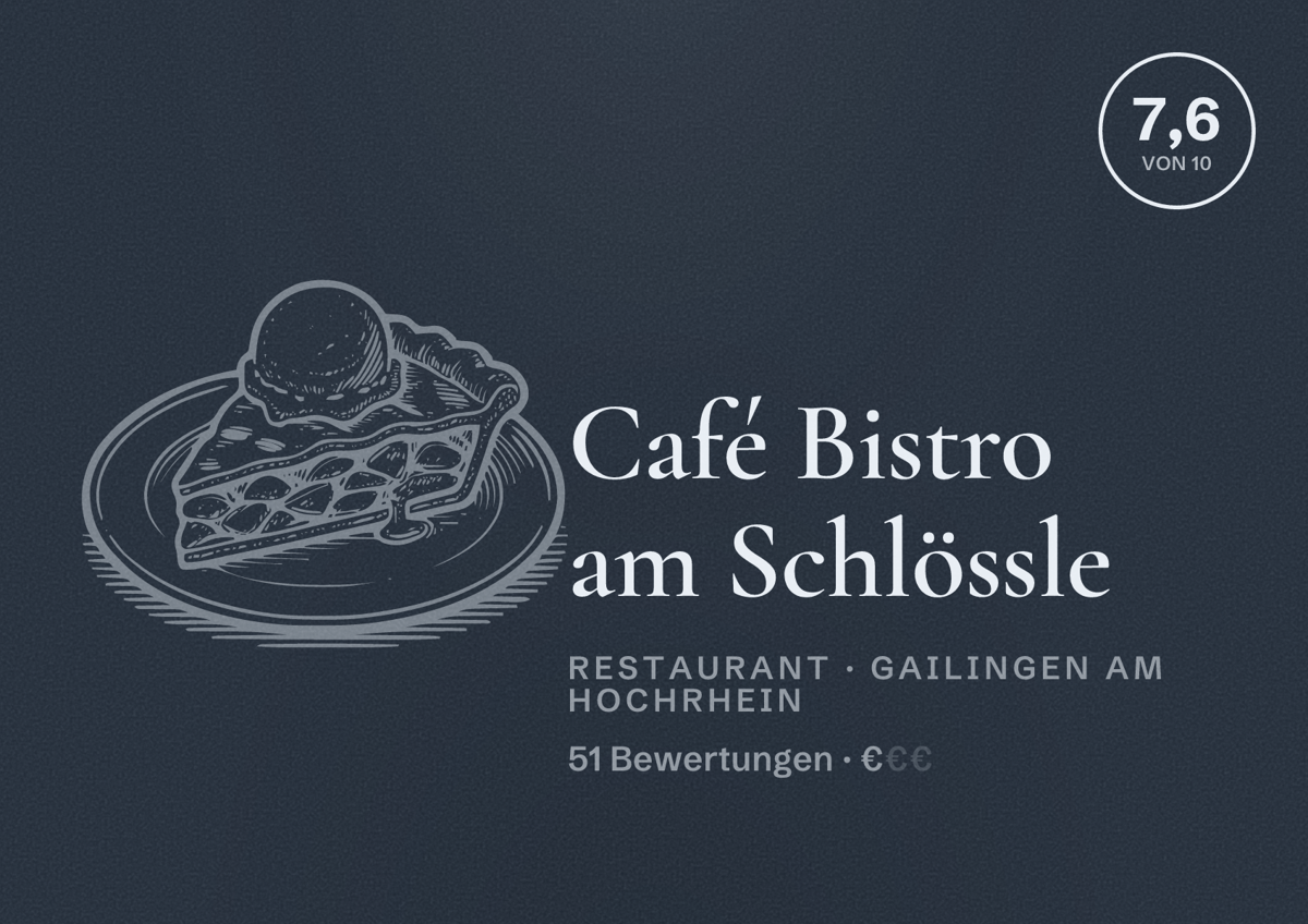Illustriertes Poster von Café Bistro am Schlössle, Restaurant in Gailingen am Hochrhein: Bewertung 7,6 von 10 aus 51 Bewertungen, Preisniveau €