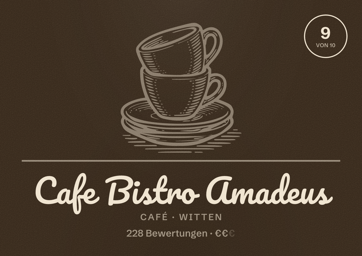 Illustriertes Poster von Cafe Bistro Amadeus, Café in Witten: Bewertung 9 von 10 aus 228 Bewertungen, Preisniveau €€