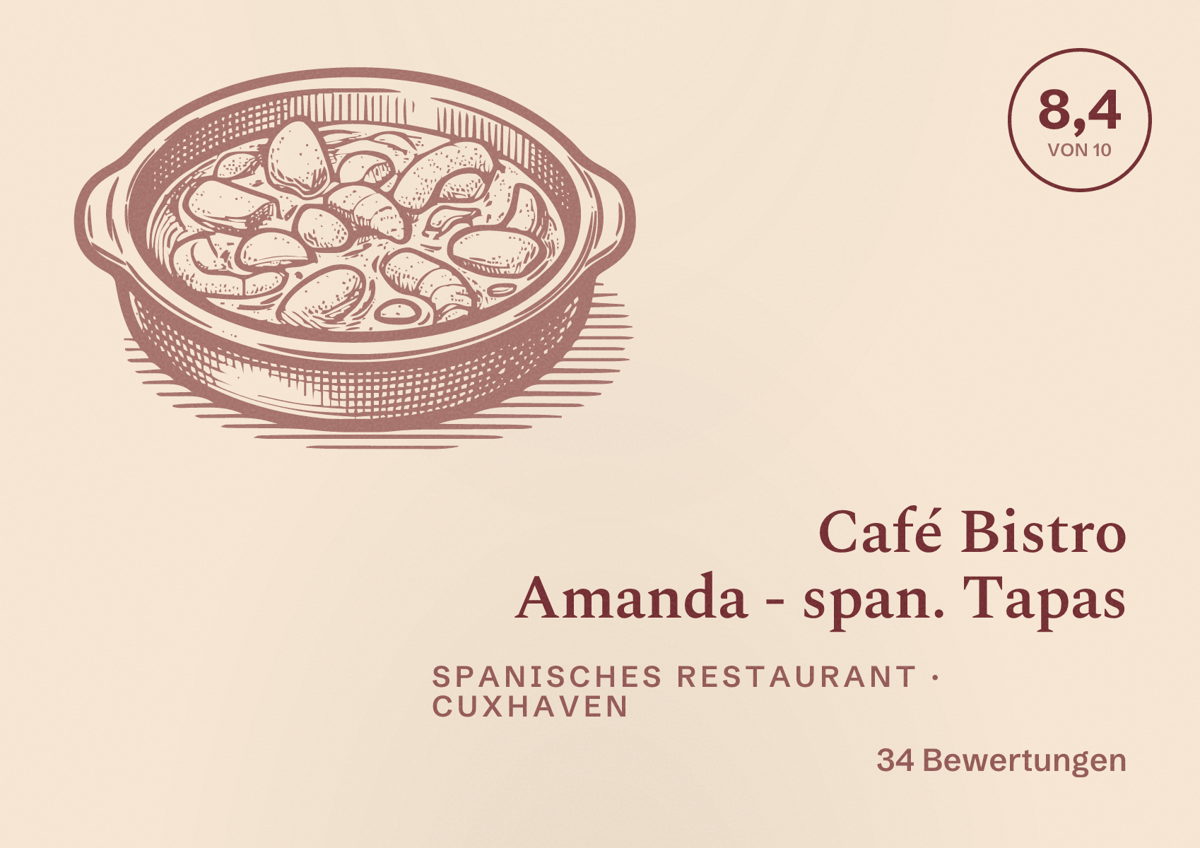 Illustriertes Poster von Café Bistro Amanda - span. Tapas, Spanisches Restaurant in Cuxhaven: Bewertung 8,4 von 10 aus 34 Bewertungen