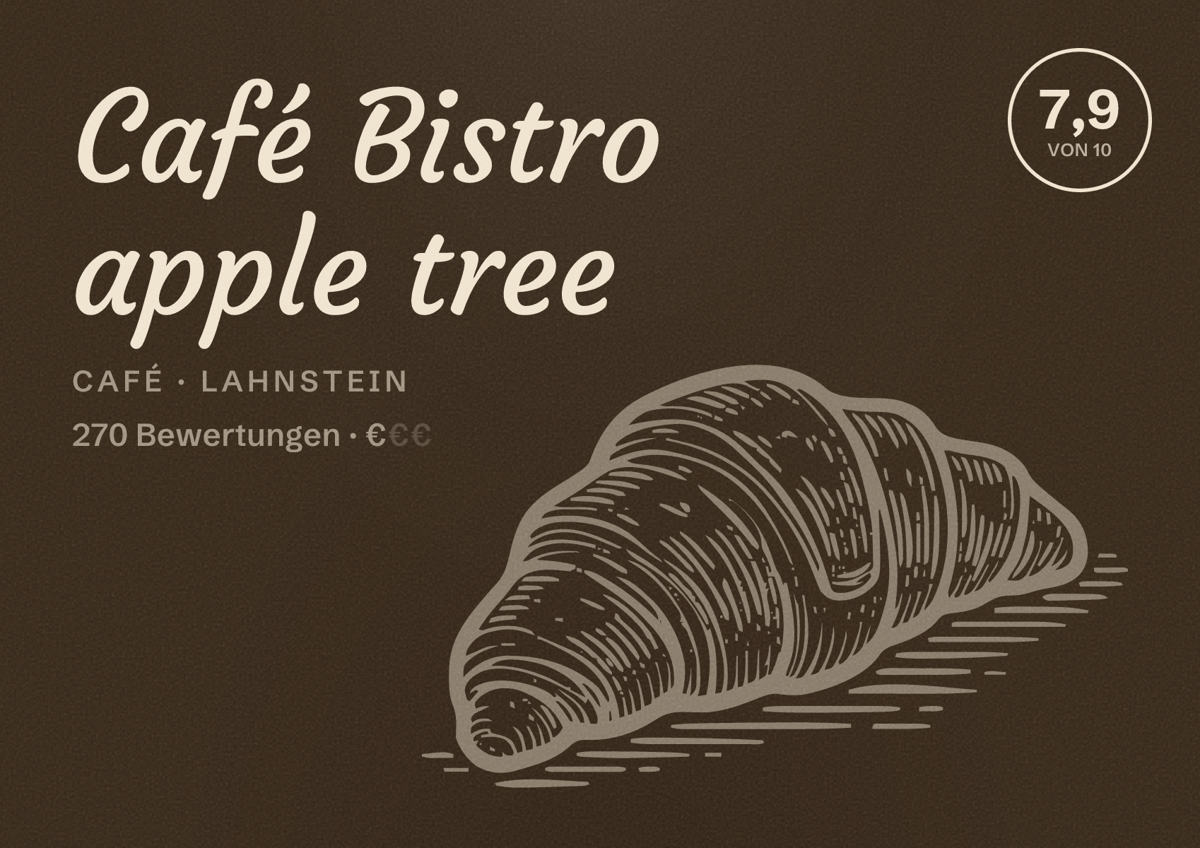 Illustriertes Poster von Café Bistro apple tree, Café in Lahnstein: Bewertung 7,9 von 10 aus 270 Bewertungen, Preisniveau €
