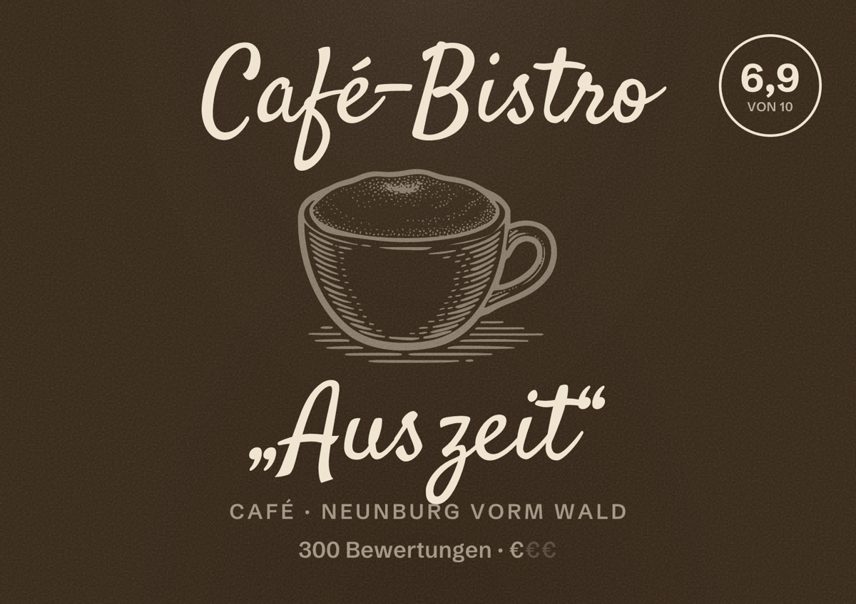 Illustriertes Poster von Café-Bistro „Auszeit“, Café in Neunburg vorm Wald: Bewertung 6,9 von 10 aus 300 Bewertungen, Preisniveau €