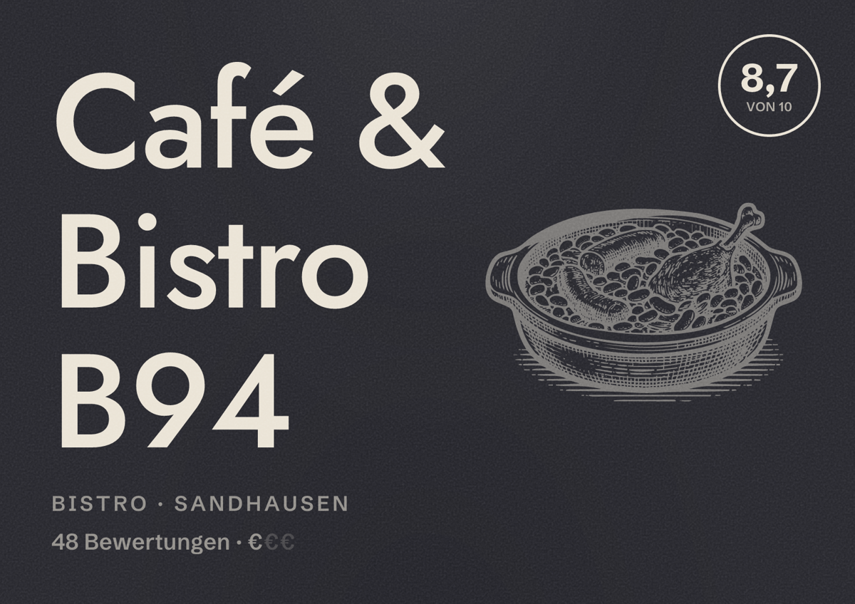 Illustriertes Poster von Café & Bistro B94, Bistro in Sandhausen: Bewertung 8,7 von 10 aus 48 Bewertungen, Preisniveau €