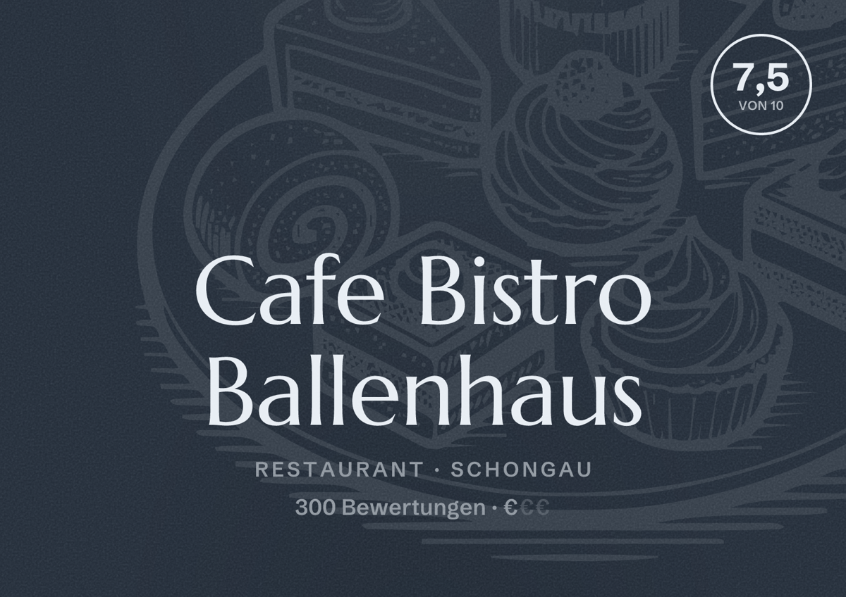 Illustriertes Poster von Cafe Bistro Ballenhaus, Restaurant in Schongau: Bewertung 7,5 von 10 aus 300 Bewertungen, Preisniveau €