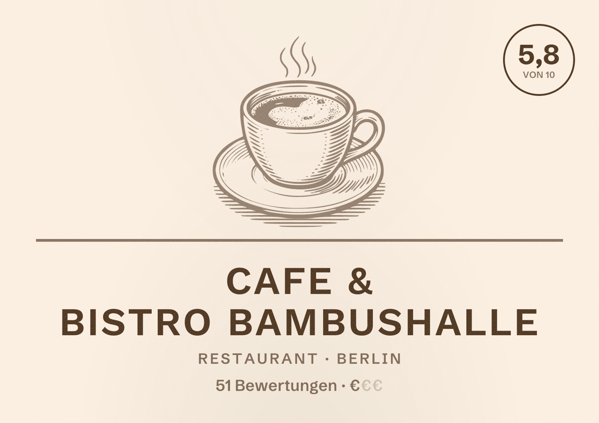 Illustriertes Poster von Cafe & Bistro Bambushalle, Restaurant in Berlin: Bewertung 5,8 von 10 aus 51 Bewertungen, Preisniveau €
