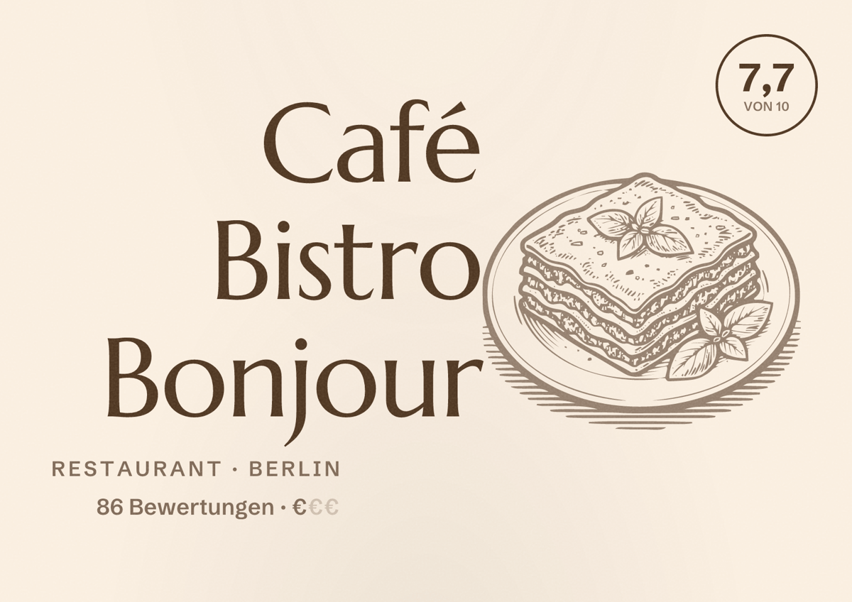 Illustriertes Poster von Café Bistro Bonjour, Restaurant in Berlin: Bewertung 7,7 von 10 aus 86 Bewertungen, Preisniveau €