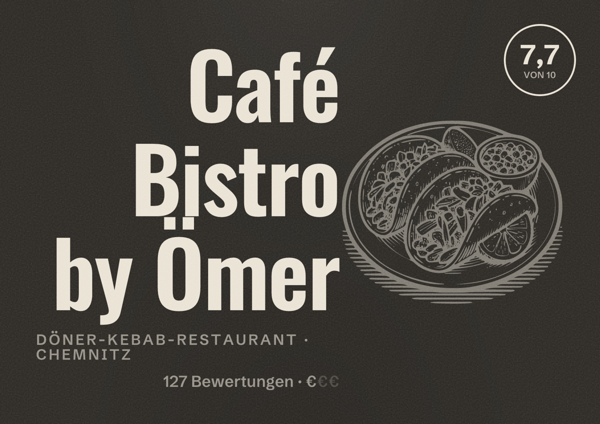 Illustriertes Poster von Café Bistro by Ömer, Döner-Kebab-Restaurant in Chemnitz: Bewertung 7,7 von 10 aus 127 Bewertungen, Preisniveau €