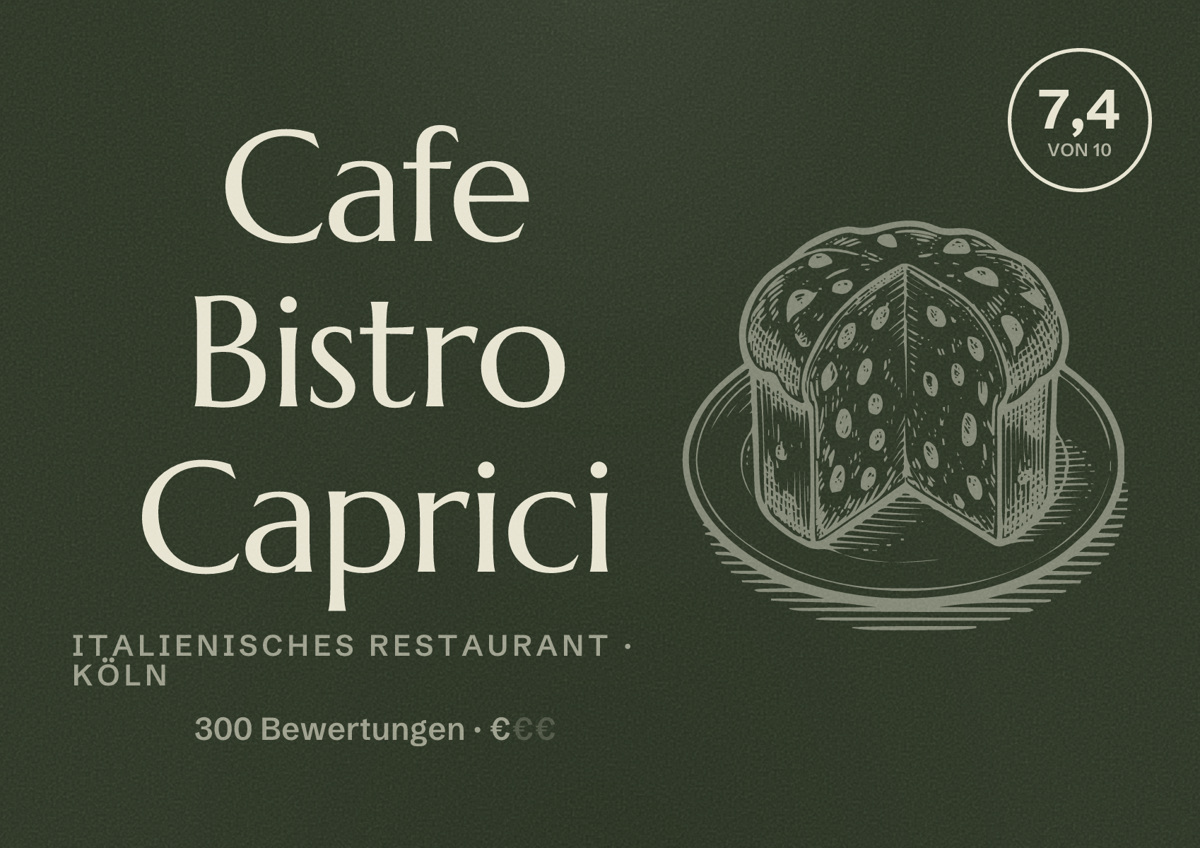 Illustriertes Poster von Cafe Bistro Caprici, Italienisches Restaurant in Köln: Bewertung 7,4 von 10 aus 300 Bewertungen, Preisniveau €