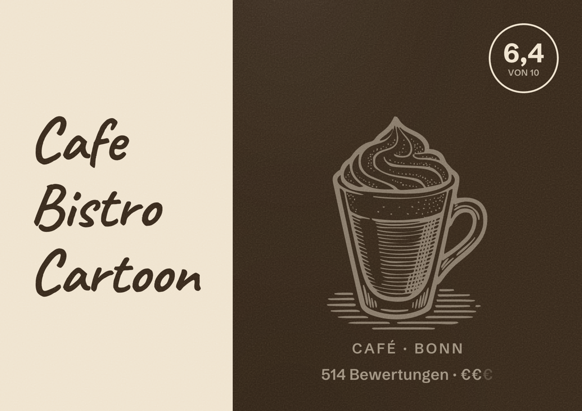 Illustriertes Poster von Cafe Bistro Cartoon, Café in Bonn: Bewertung 6,4 von 10 aus 514 Bewertungen, Preisniveau €€