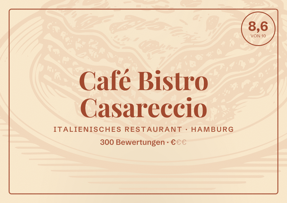Illustriertes Poster von Café Bistro Casareccio, Italienisches Restaurant in Hamburg: Bewertung 8,6 von 10 aus 300 Bewertungen, Preisniveau €