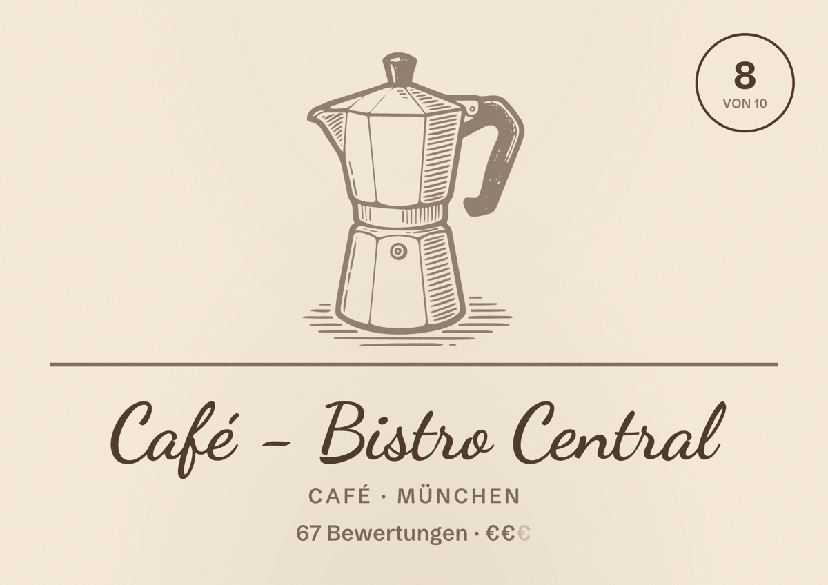 Illustriertes Poster von Café - Bistro Central, Café in München: Bewertung 8,0 von 10 aus 67 Bewertungen, Preisniveau €€