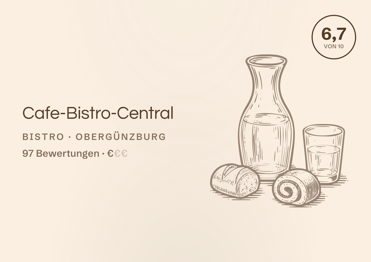 Illustriertes Poster von Cafe-Bistro-Central, Bistro in Obergünzburg: Bewertung 6,7 von 10 aus 97 Bewertungen, Preisniveau €