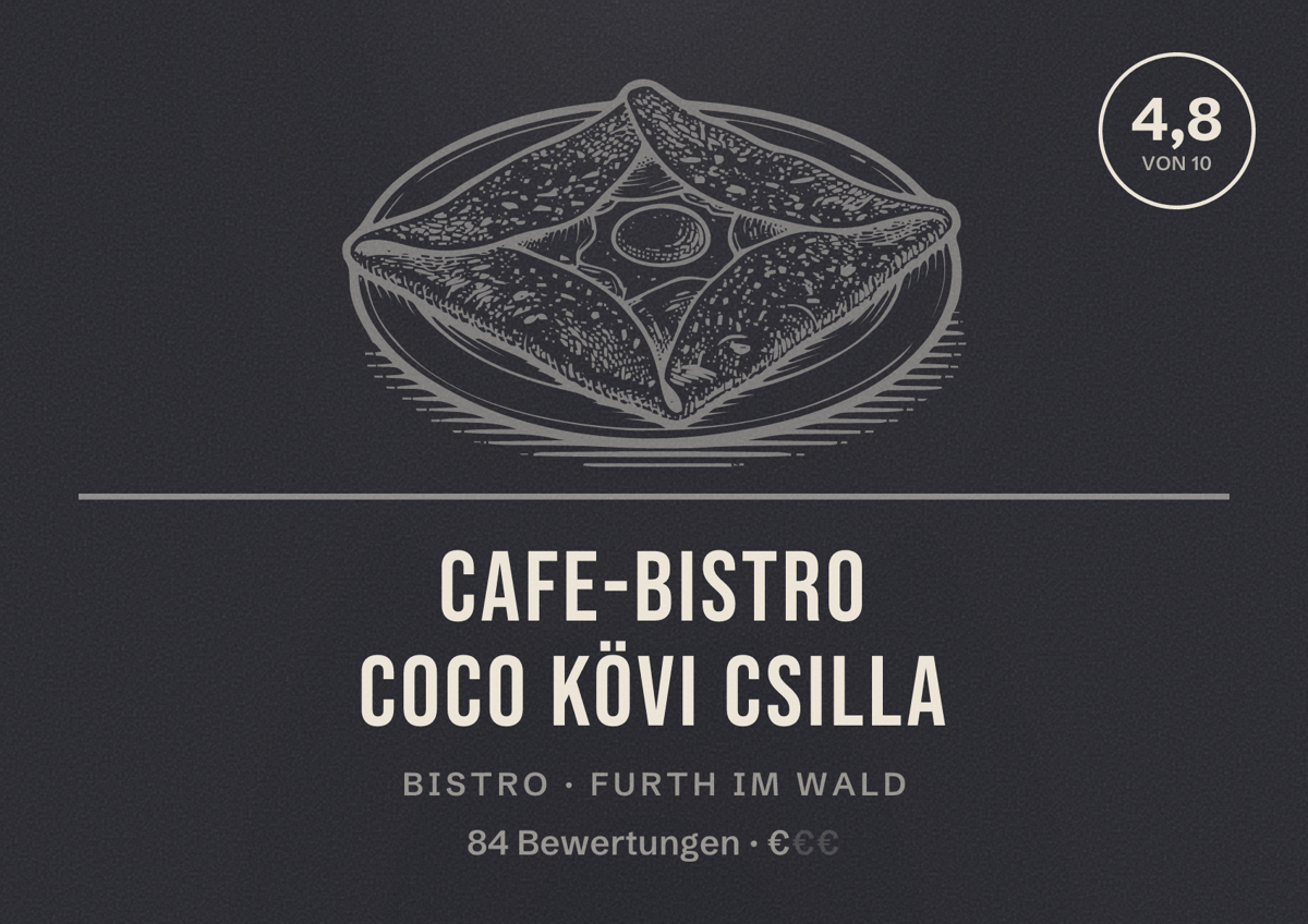 Illustriertes Poster von Cafe-Bistro Coco Kövi Csilla, Bistro in Furth im Wald: Bewertung 4,8 von 10 aus 84 Bewertungen, Preisniveau €