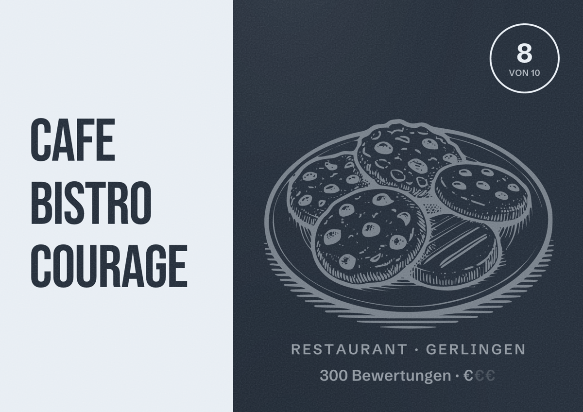 Illustriertes Poster von Cafe Bistro Courage, Restaurant in Gerlingen: Bewertung 8 von 10 aus 300 Bewertungen, Preisniveau €