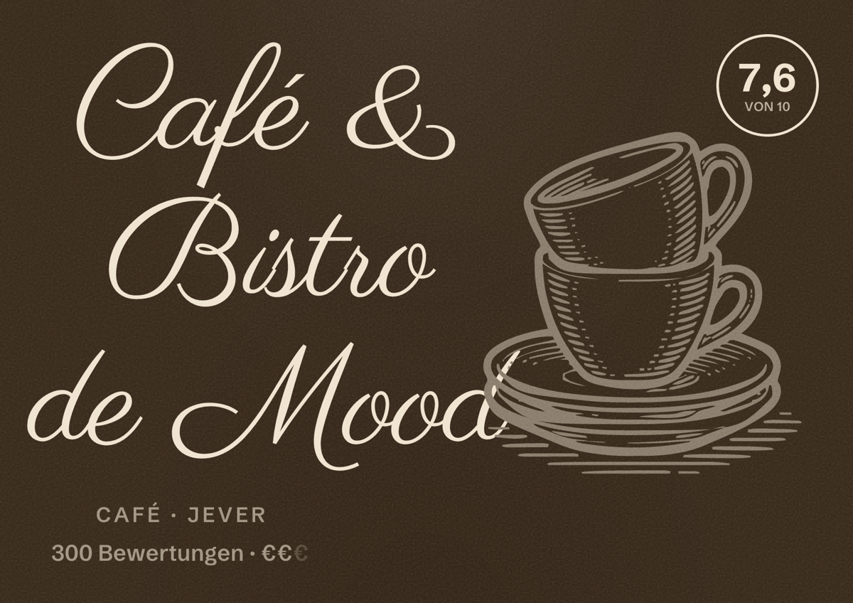 Illustriertes Poster von Café & Bistro de Mood, Café in Jever: Bewertung 7,6 von 10 aus 300 Bewertungen, Preisniveau €€