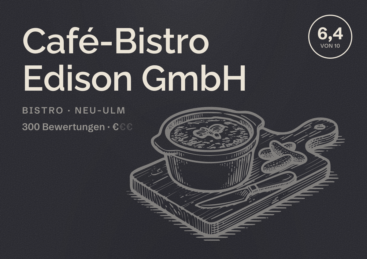Illustriertes Poster von Café-Bistro Edison GmbH, Bistro in Neu-Ulm: Bewertung 6,4 von 10 aus 300 Bewertungen, Preisniveau €