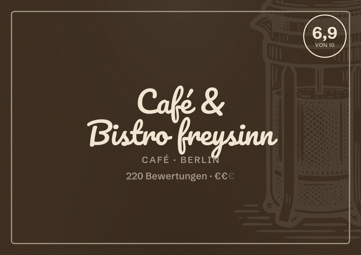 Illustriertes Poster von Café & Bistro freysinn, Café in Berlin: Bewertung 6,9 von 10 aus 220 Bewertungen, Preisniveau €€